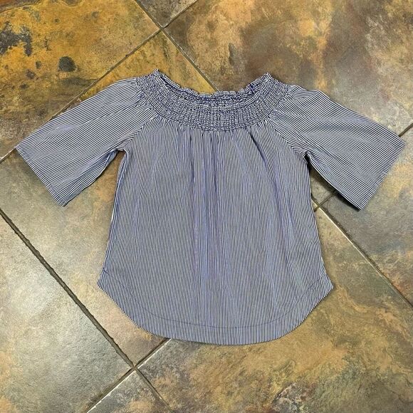 7th Avenue New York & Company Stripe Peasant 3/4 Sleeve Off The Shoulder Blouse - Picture 4 of 10